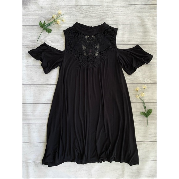 Cold Shoulder Lace Front High Neck Black Dress - Picture 11 of 11